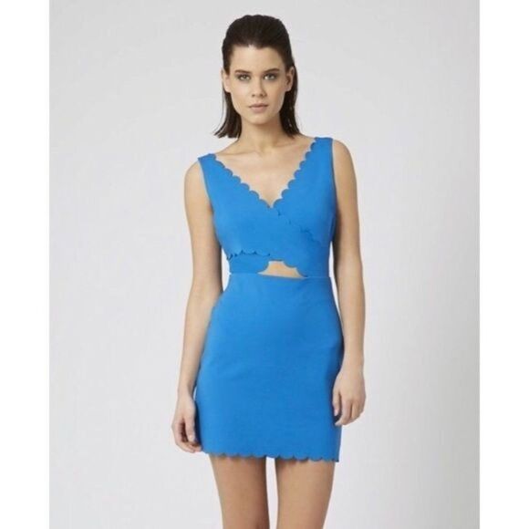 TOPSHOP Scallop Cutout Sleeveless Jersey Bodycon Mini Bodycon Dress Blue 2 - Picture 2 of 8
